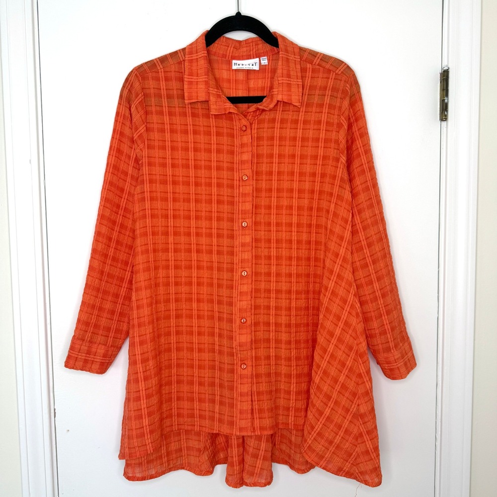 Habitat Coral Plaid Seersucker Swing Tunic Shirt 24138 Women's Small